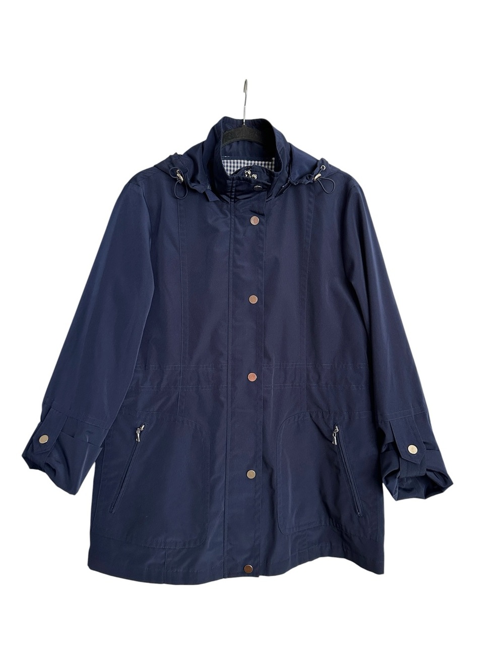 FOG by London Fog Navy Gingham Hooded Rain Jacket Women’s Medium